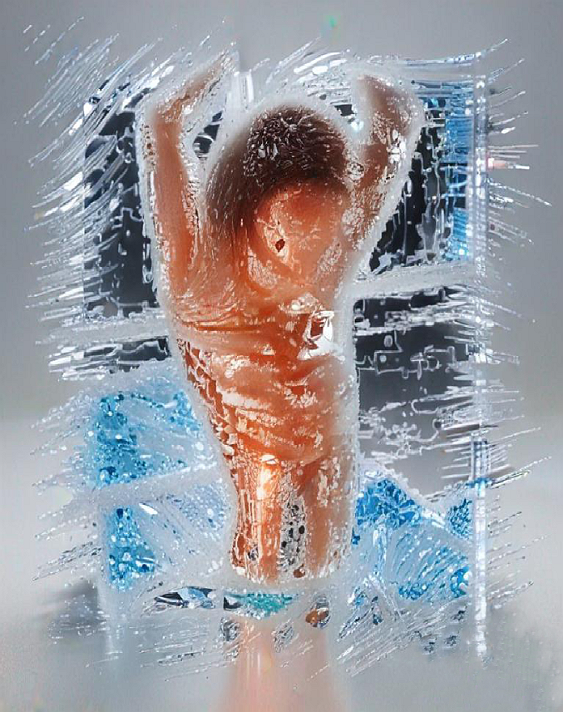 The image presents a striking and surreal composition that blends elements of human form with...