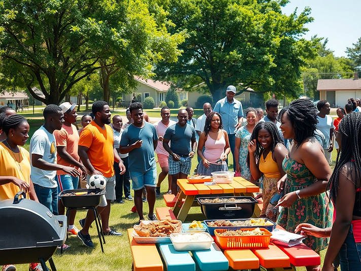 The image depicts a lively outdoor gathering, showcasing a community barbecue or picnic among Black...