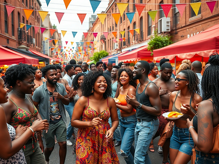 The image captures a vibrant street festival scene featuring a large group of Black men and women...